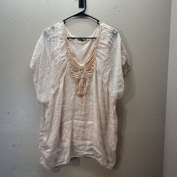 Carla Conti 100% Silk Blouse SZ M Silk Crochet Chest Top Lined Fairy Boho Italy - Picture 1 of 7